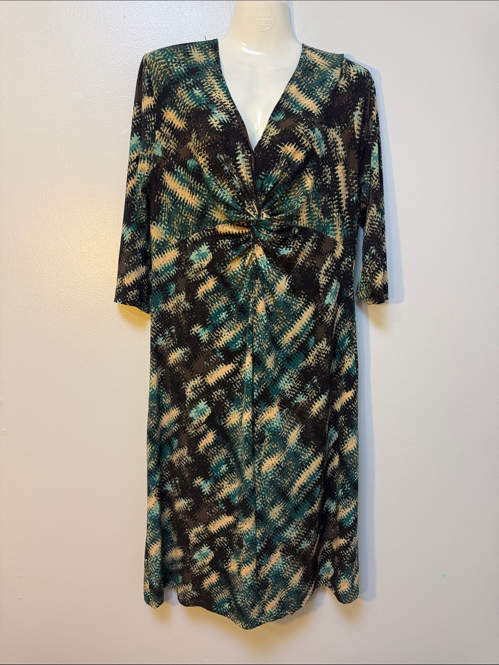 connected apparel Teal, Black, Brown & Cream Twist-Front V-Neck Midi Dress
